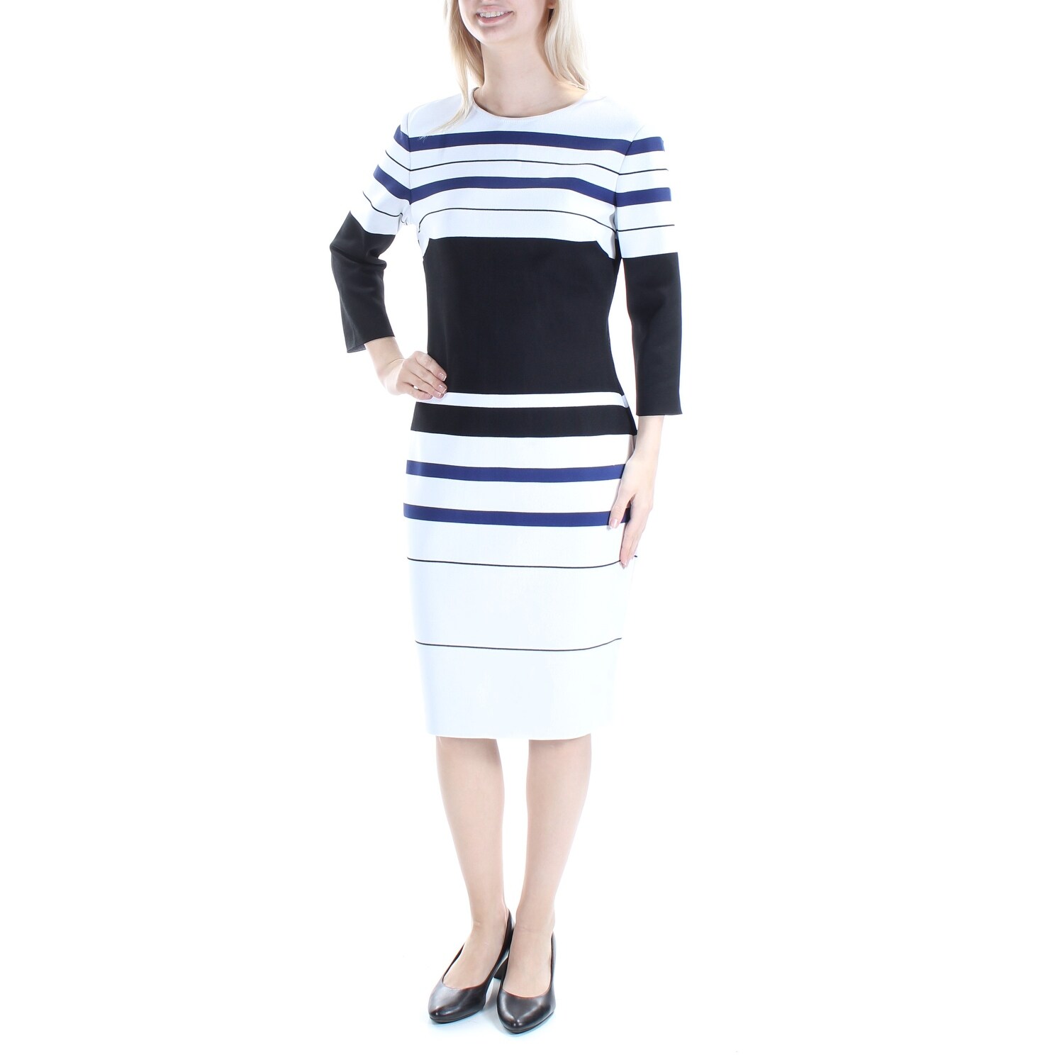 Shop Womens White Navy Long Sleeve Below The Knee Casual Dress