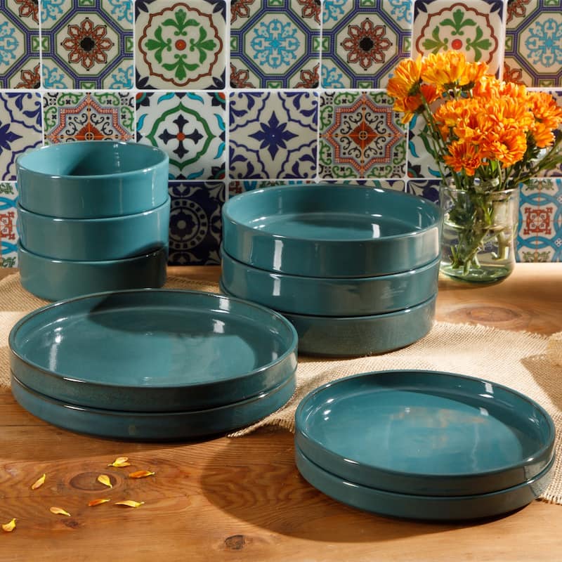 Bloomhouse Santorini Mist 16 Piece Double Bowl Terracotta Reactive Glaze Plates and Bowls Dinnerware Set - Blue