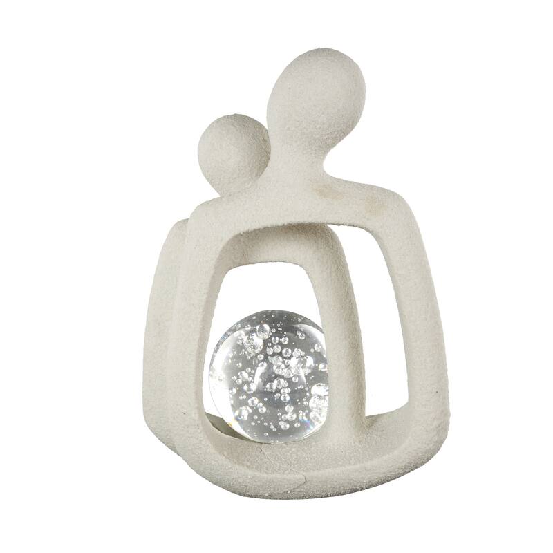 White Polystone Abstract Textured People Decorative Sculpture with Clear Glass Bubble Textured Orb and Black Speckles