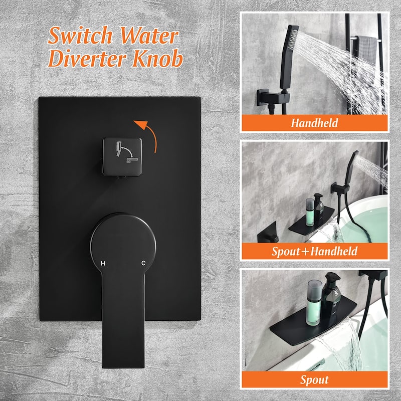 Wall Mounted Tub Filler With Hand Sprayer Waterfall Bathtub Faucet Modern Single Handle Tub Faucet Trim With Handheld Shower