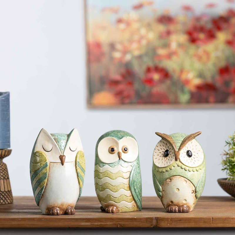 Set of 3 Green and Blue Owl Tabletop Figurines 7.25"