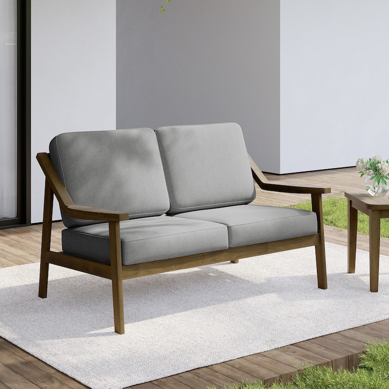 Outdoor Wood Teak Patio 2 Seater Loveseat with Cushion - Natural Wood - Grey