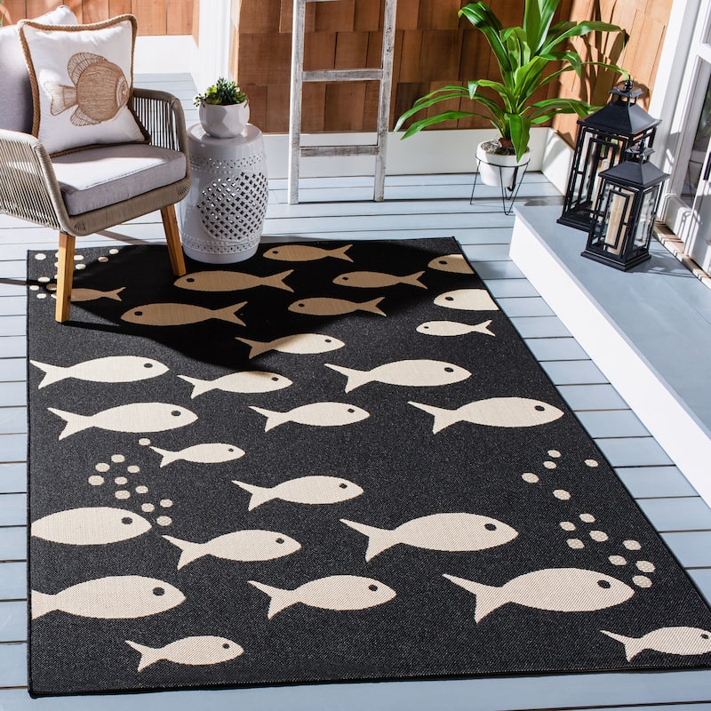 SAFAVIEH Courtyard Ragne Indoor/ Outdoor Waterproof Patio Backyard Rug - 9' x 12' - Black/Beige