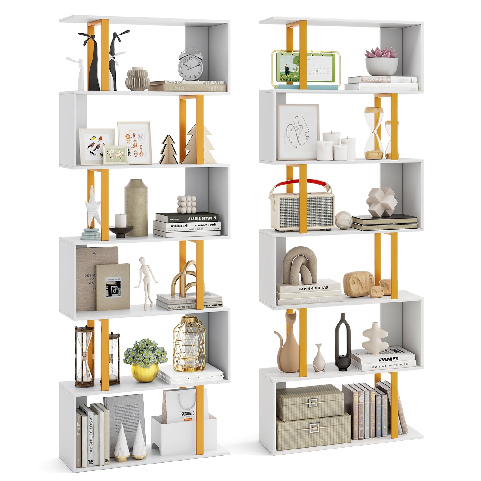 Gymax 2 PCS 6-Tier Geometric Bookcase 74.5-Inch S-Shaped Bookshelf w/