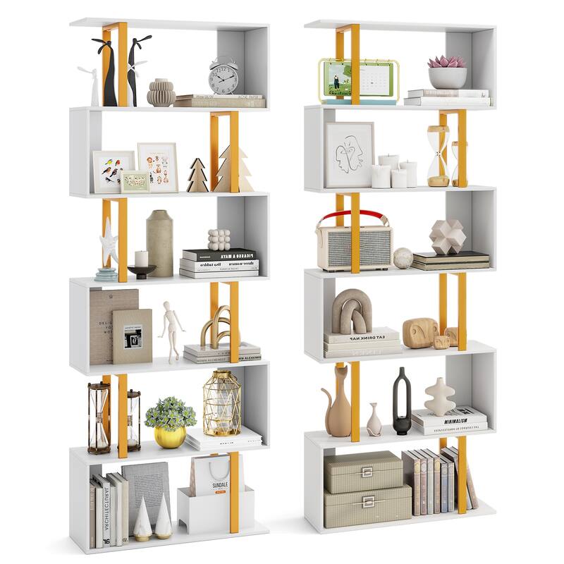 Gymax 2 PCS 6-Tier Geometric Bookcase 74.5-Inch S-Shaped Bookshelf w/ - White