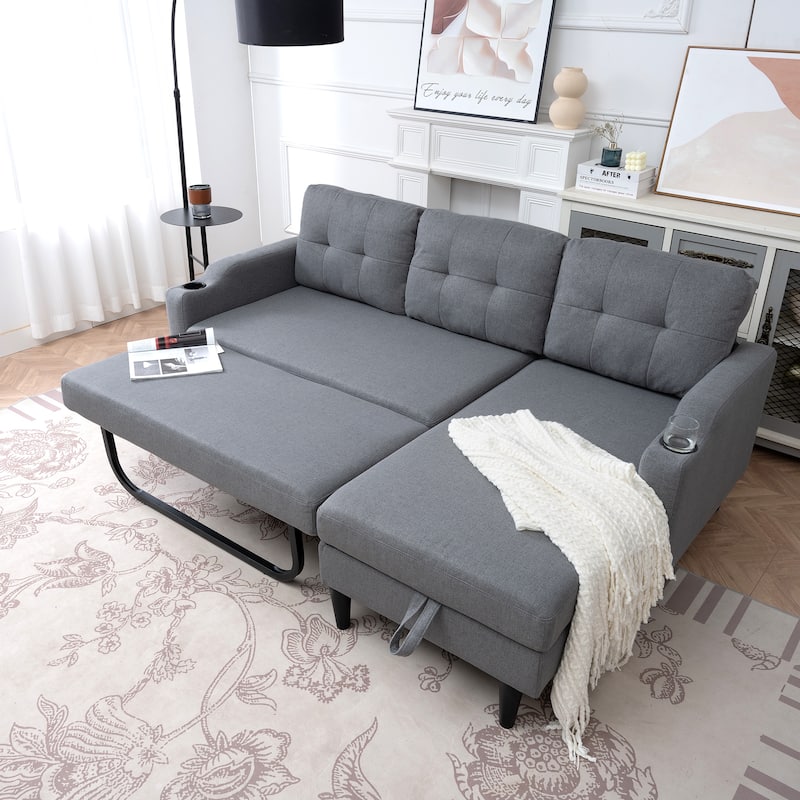 Pull Out Couch, L Shaped Convertible Sleeper Sofa Bed with Hidden Storage, 3-in-1 Upholstered Sectional Sofa with Cup Holder