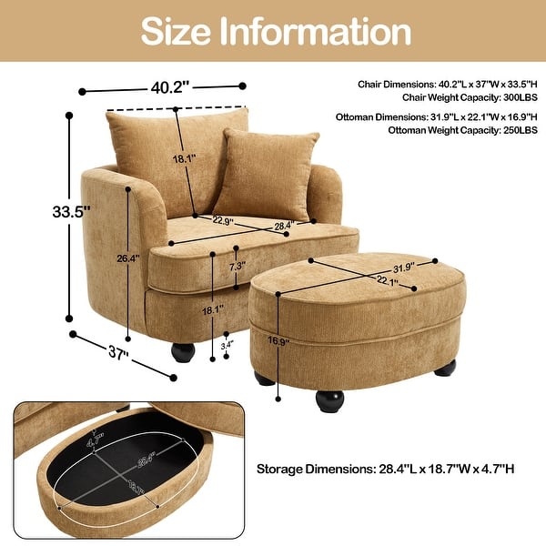 dimension image slide 6 of 11, 40.2" Modern Chenille Accent Chair,Comfy Reading Chair with Storage Ottoman