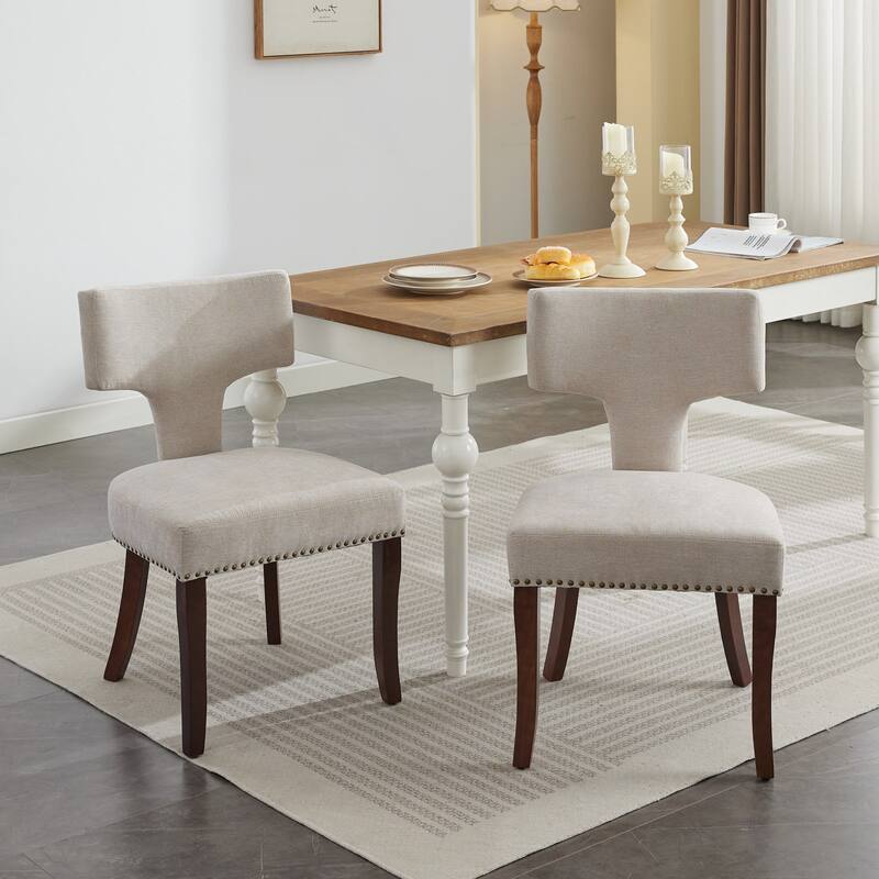 Modern Dining Chairs Set of 2, Linen Fabric Upholstered Accent Chair Curved Backrest with Copper Nails Around