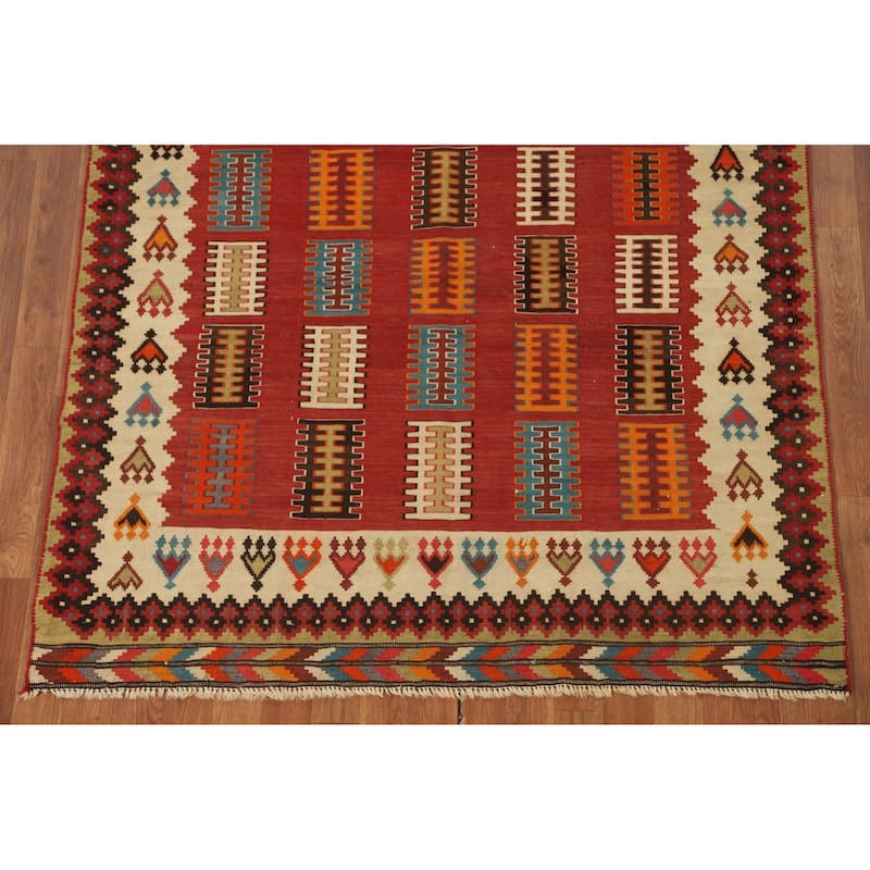 Kilim Qashqai Persian Vintage Area Rug Hand-Woven Red Wool Carpet - 4'7" x 7'1"