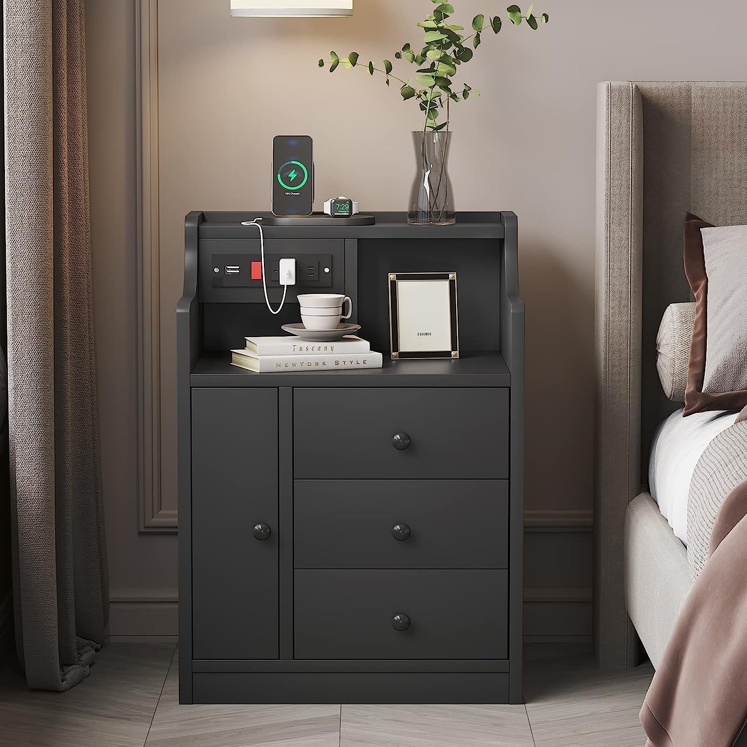 Bedside Table Smart Touch Mini Fridge Nightstand with Wireless