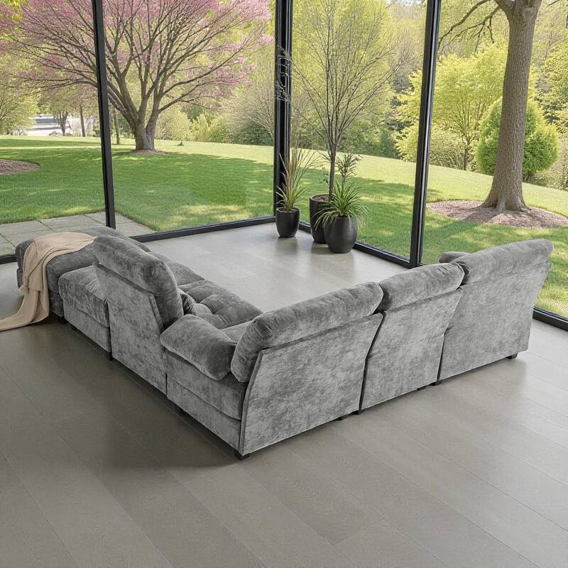 119" 4-Seater Chenille Sofa with 2 Ottomans, 4-Position Adjustable Backrest, 4 Pillows and Easy Assembly for Living Room