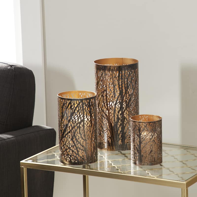 Metal Tree Decorative Indoor Outdoor Candle Lantern with Gold Interior - Set of 3 Gold or Bronze - Roche River Decor