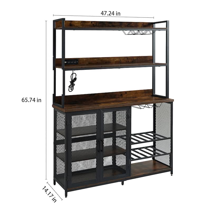 Coffee Bar Cabinet with Power Outlet, Industrial Buffet Cabinet with LED Strip and Glass Holder, 3-Tiers Liquor Cabinet Bar