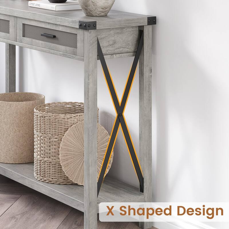 Farmhouse Sofa Table - Console Table with Rattan Drawers