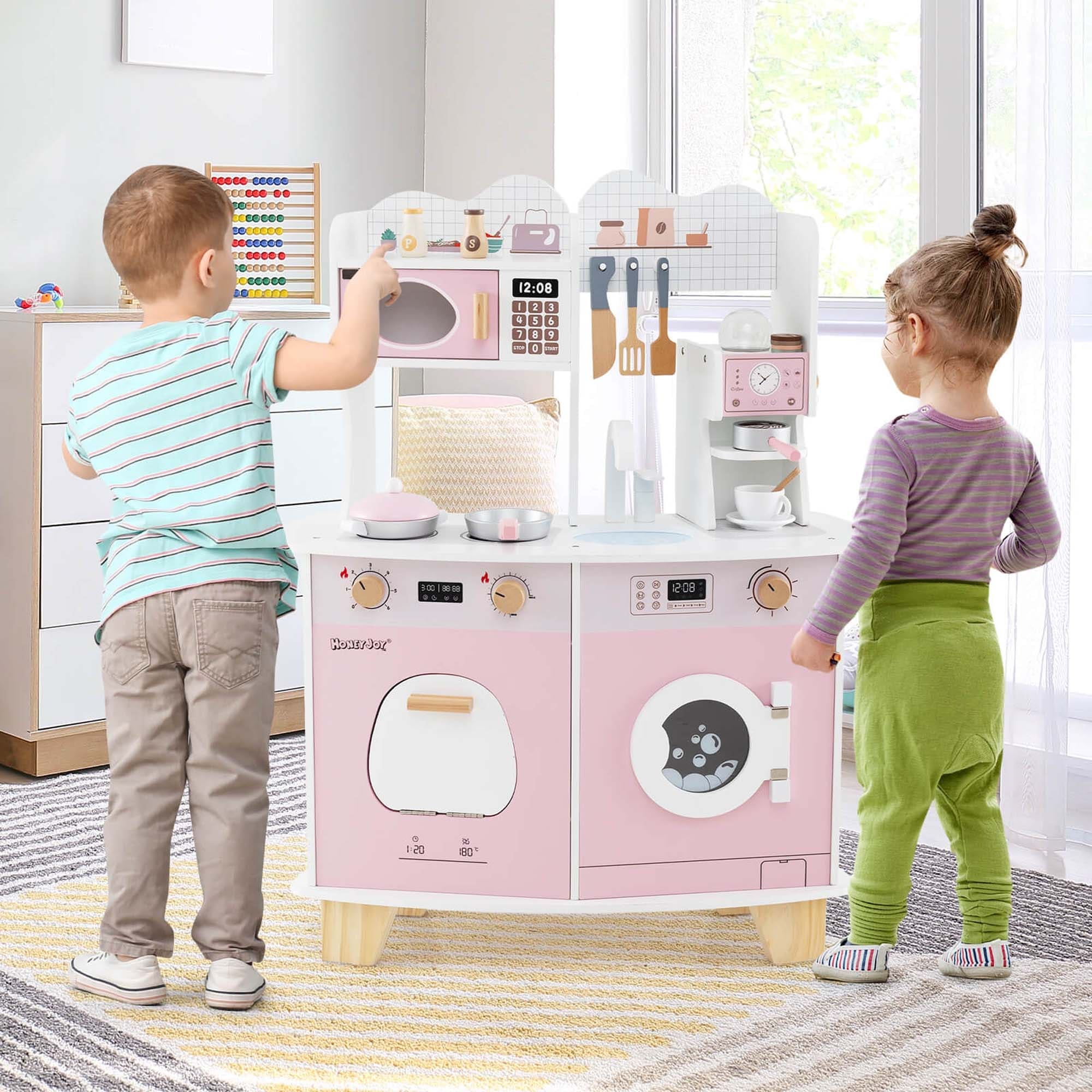 Costway Wooden Kids Kitchen Playset with Coffee Maker for 3+ Years Old-Pink, image size:2000x2000