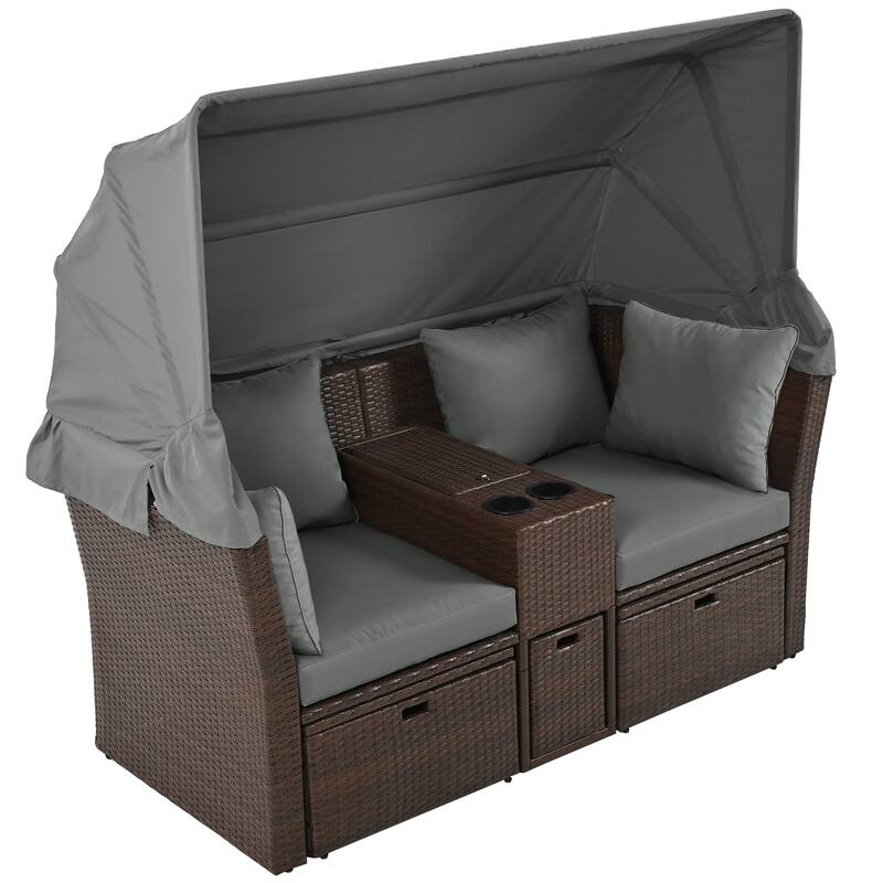 Convertible Outdoor Patio Daybed Loveseat Sofa Set with Retractable Canopy and Central Console