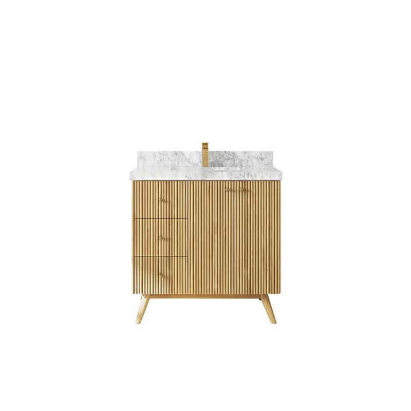 Willow Collections 36 in. W x 22 in. D Pasadena Solid Teak Center Sink Bathroom Vanity with Countertop - 2"Carrara Marble - Light Natural