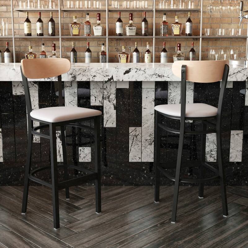 Commercial Metal Barstool with Wood Seat and Boomerang Back