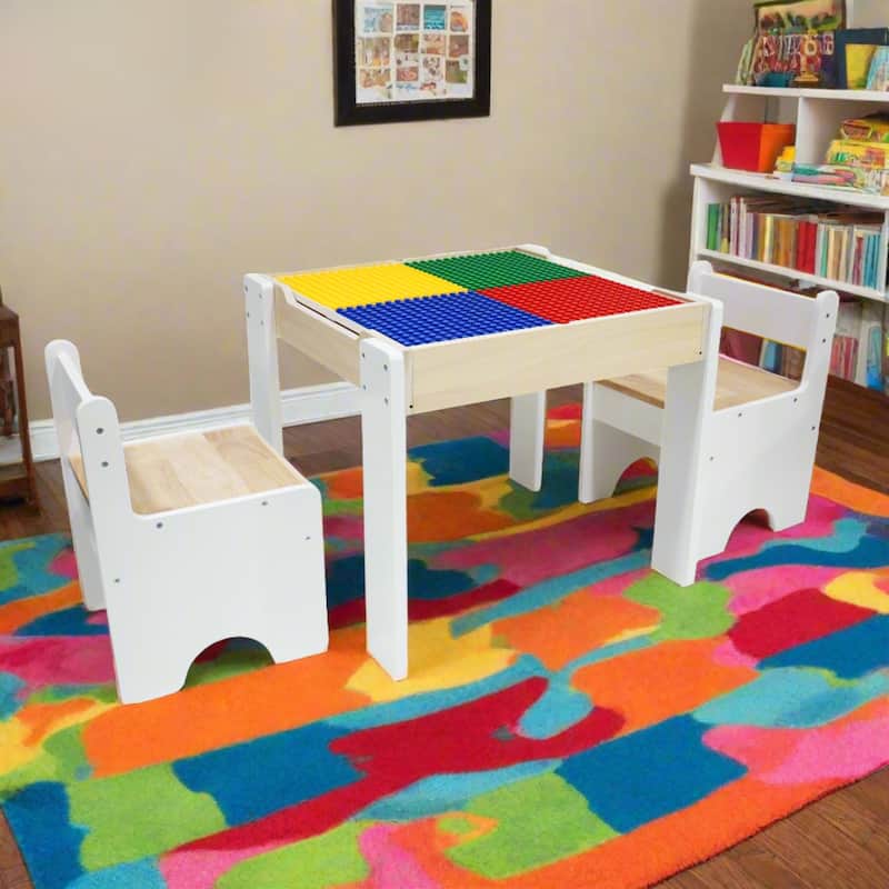 Teamson Kids Wooden Multi-Activity Table with Dry-Erase & Building Block Surface Play Table & Chairs for Toddlers & Kids Room