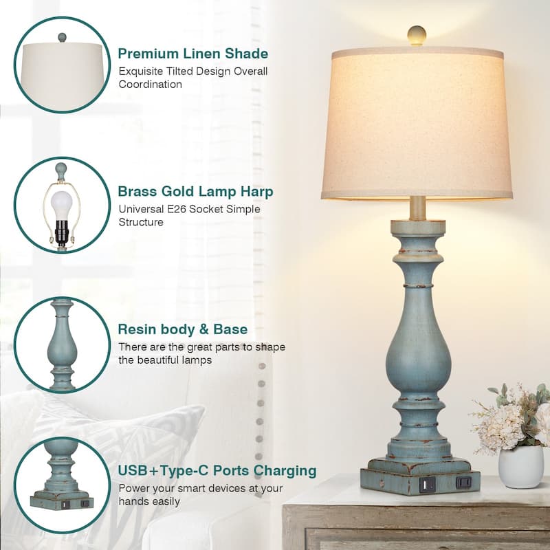 Set of 2 Blue Resin Drop-Style Table Lamps with 3-Way Touch Dimming and Charging Ports