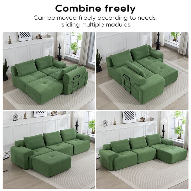 Corduroy Modular Sleeper Sofa Bed with Ottoman, L-shaped Sectional Couches for Living Room with Memory Foam and Steel Frame