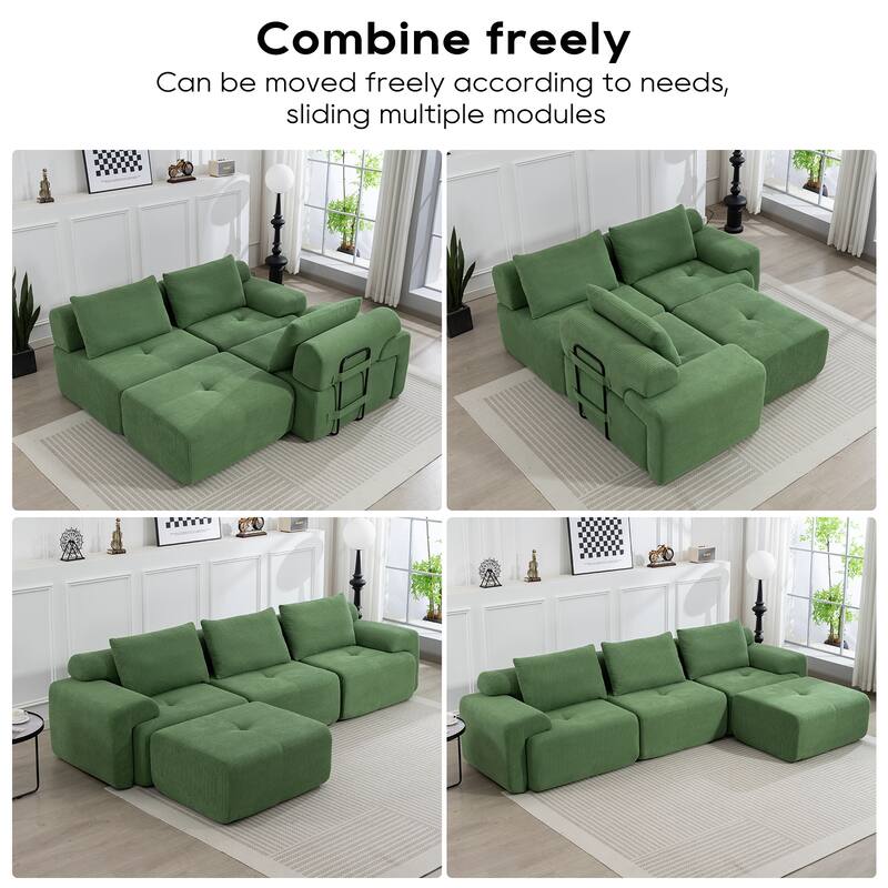 L-Shaped Modular Sectional Sofa, Corduroy Convertible Sectional Sofa Bed, Compression Sofa with Memory Foam & Steel Frame - Green