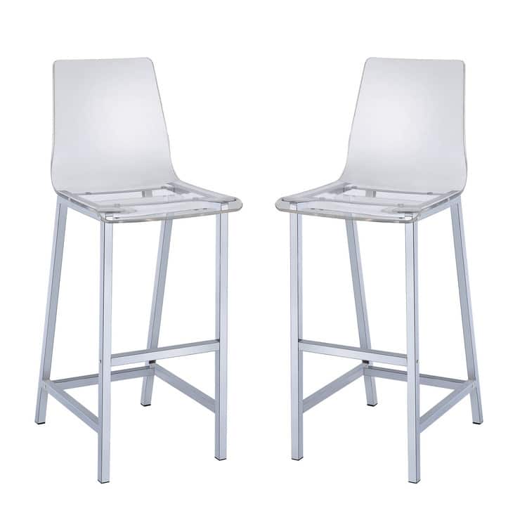 Set of 2 Bar Height Stools with 30 Inch Clear Acrylic Seats and Chrome Base, Modern Counter Seating for Kitchens