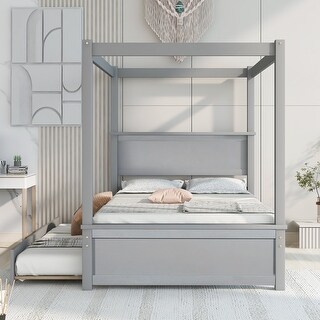Full Size Wood Canopy Bed with Trundle Bed & Support Slats, No Box Spring Needed