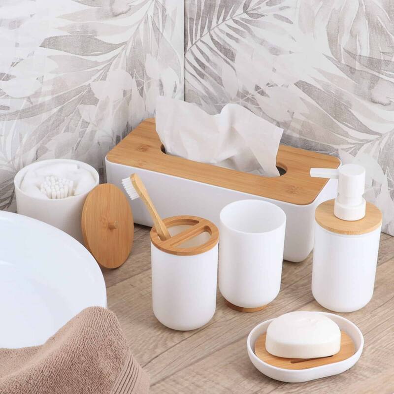 Evideco Bathroom Soap Dish Cup Padang White Bamboo Tray