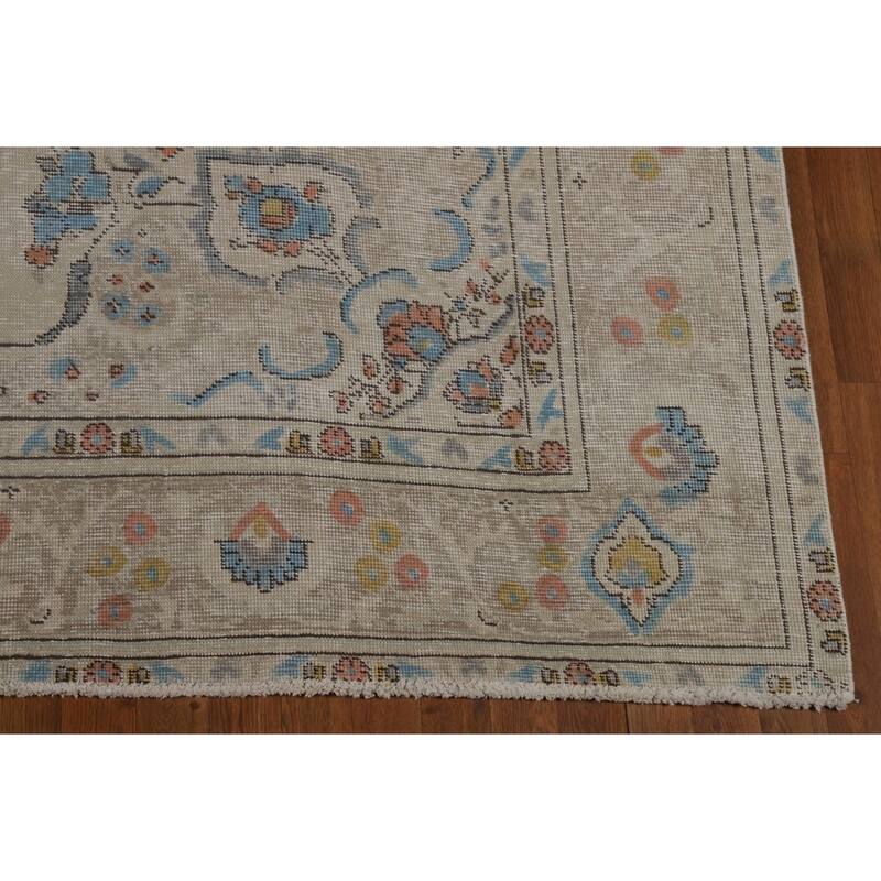 Tabriz Persian Area Rug Beige Floral Handmade Wool Carpet - 7'10"x 11'1"