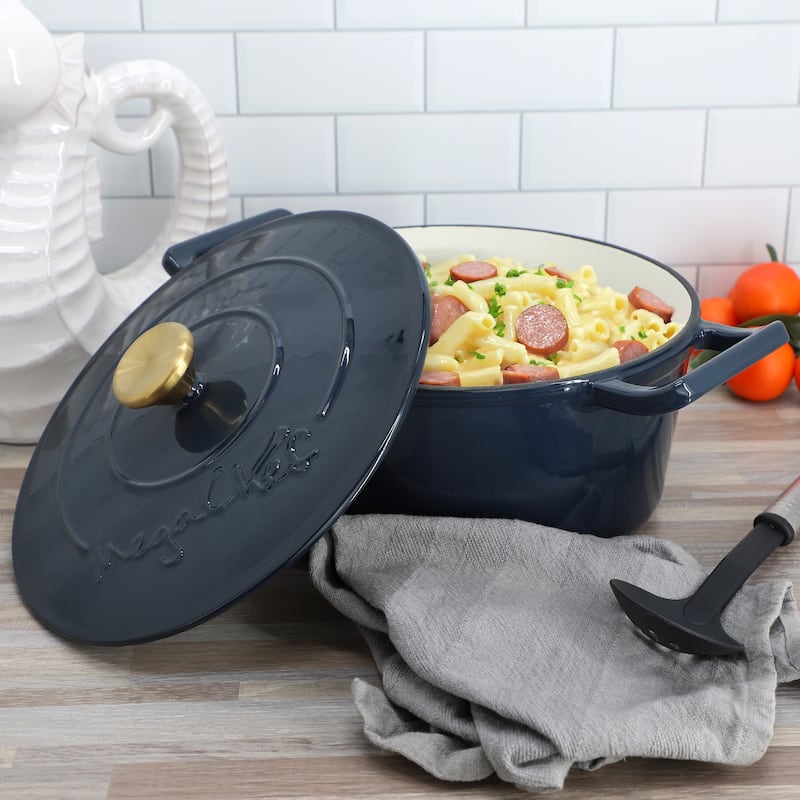 5.3Q Round Enameled Self Basting Lid Dual Handle Cast Iron Casserole in Deep Blue