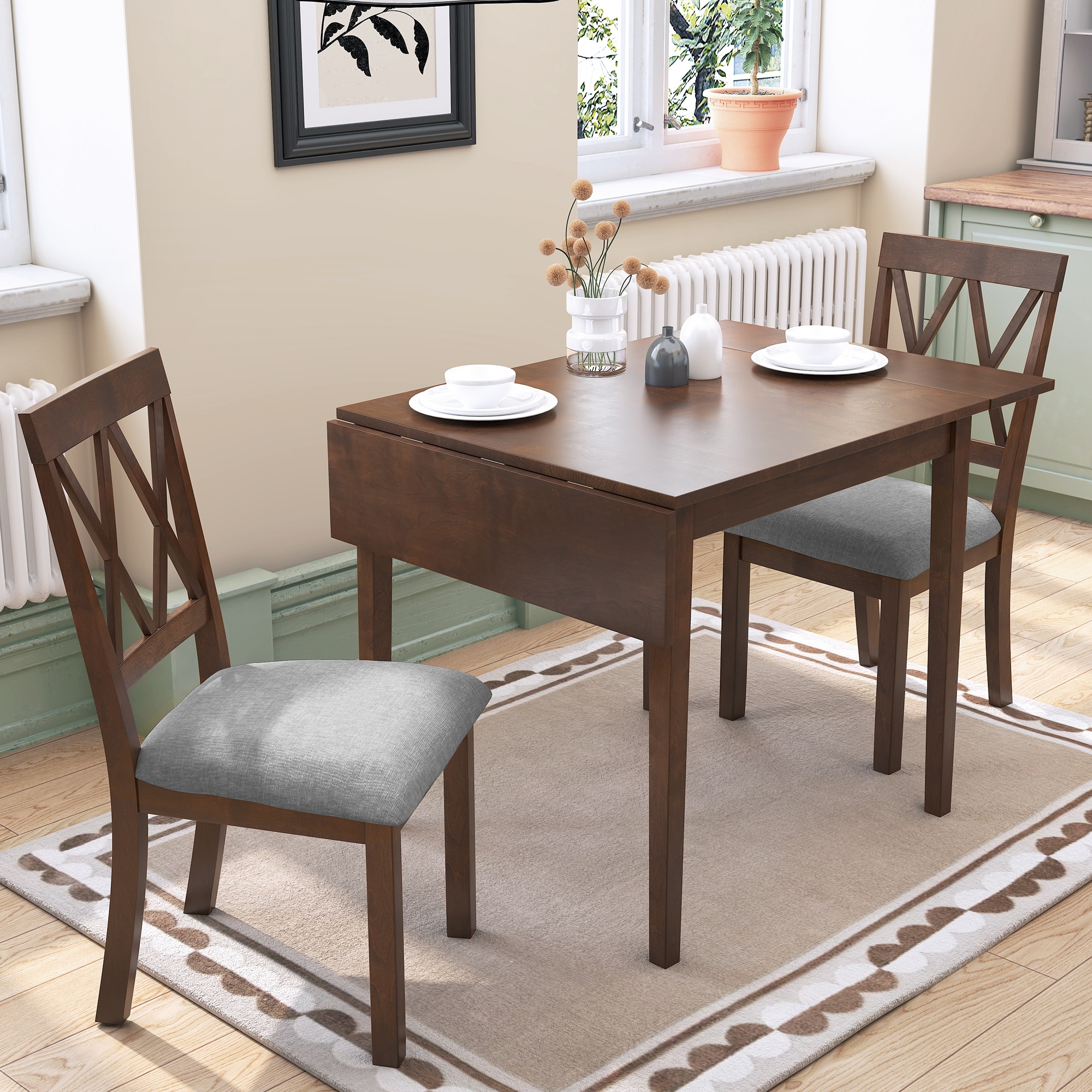 3 Piece Kitchen Dining Set with Drop Leaf Dining Table and 2 Dining Upholstered Chairs, Dining Room Set