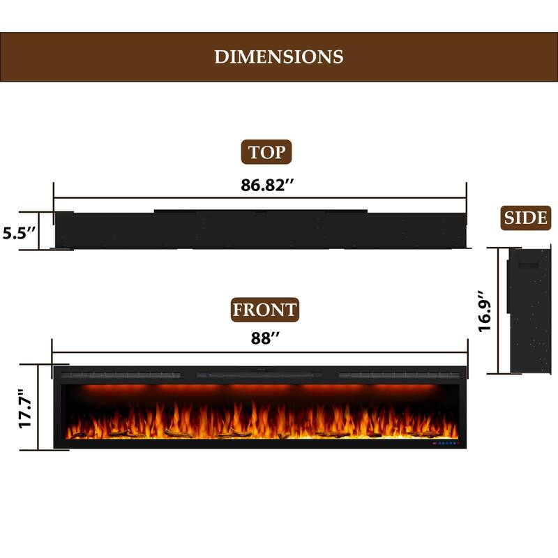 72inches Wall Mounted& Recessed Electric Fireplace with Remote Control - 88inch