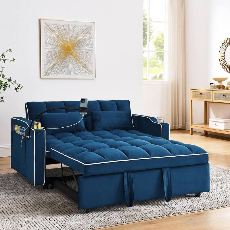55.51'' Modern Versatile Foldable Sofa Bed With Adjustable Back and USB Port and Ashtray and Swivel Phone Stand - Blue