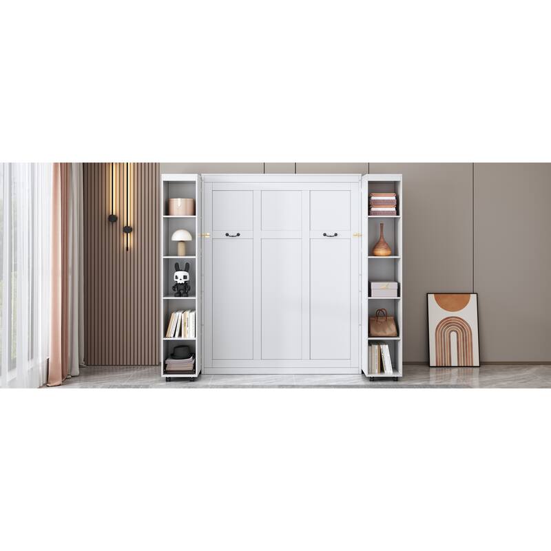 White Queen Murphy Bed with Storage Doors, Space-Saving Wall Bed
