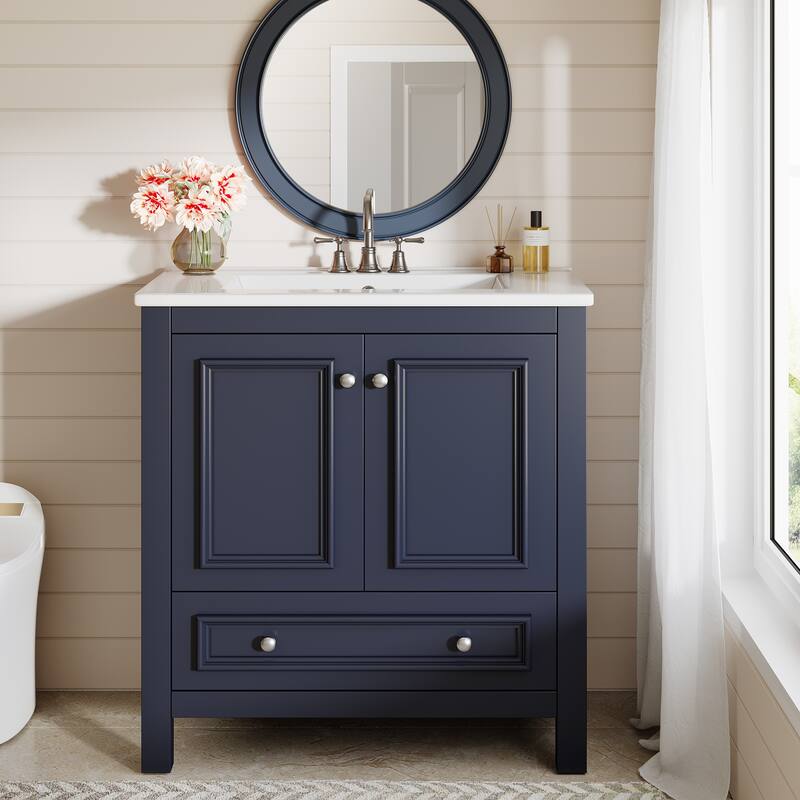 30 Inches Modern Bathroom Vanity Cabinet with Ceramic Basin & 1 Drawer - Blue