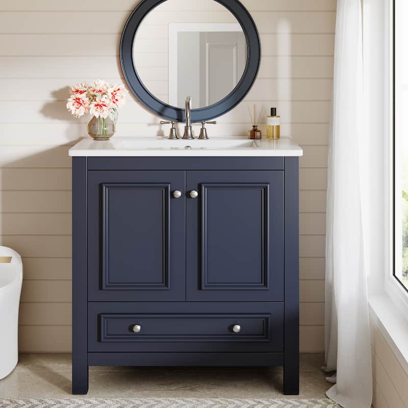 30 Inches Modern Bathroom Vanity with Sink, Vanity Cabinet with Drawer and Door Organizer - Blue