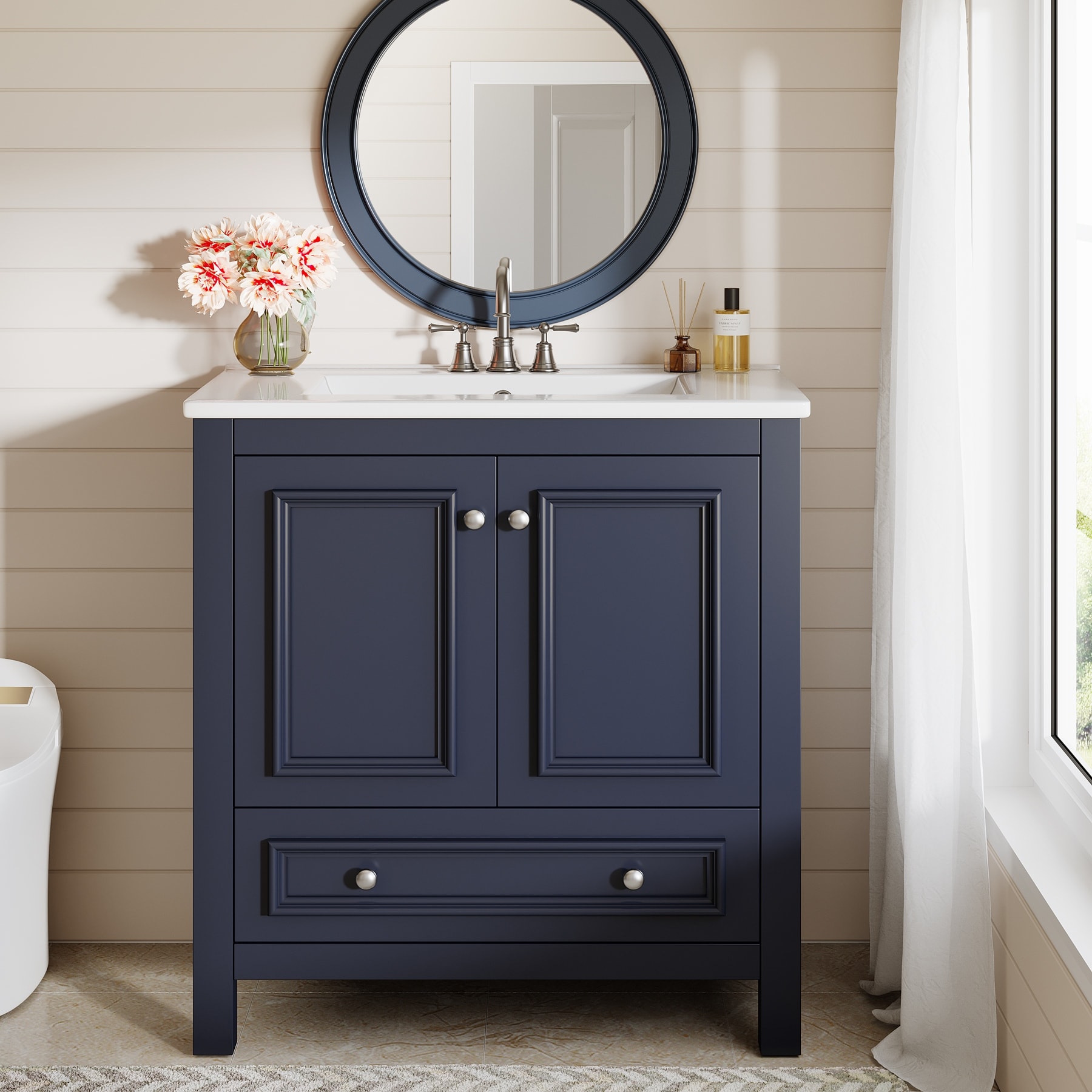 Bathroom Vanity with Sink, Solid Wood Frame Freestanding Vanity with Door Organizer and Drawer