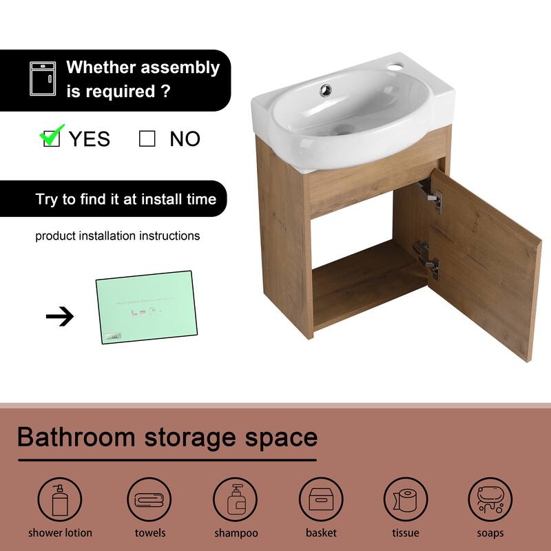 BNK 16''/23'' Bathroom Vanity with Sink, Freestanding/Floating Bathroom Vanity with Soft Close Doors & Shelf ﻿