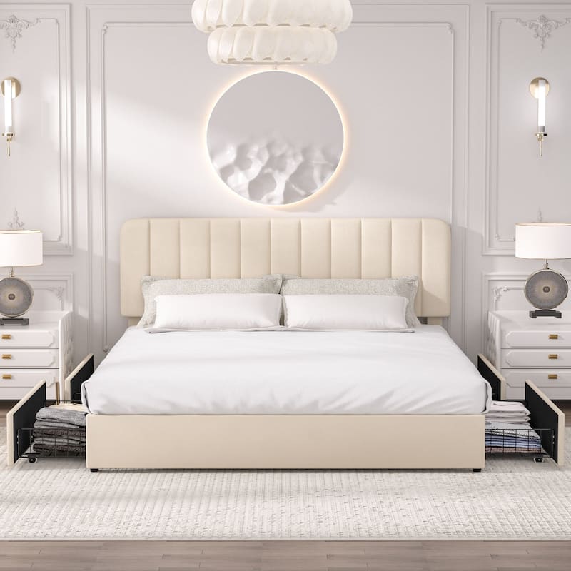 Javlergo Upholstered Platform Bed Frame with Storage Drawers and Adjustable Headboard, No Box Spring Needed - Beige - King