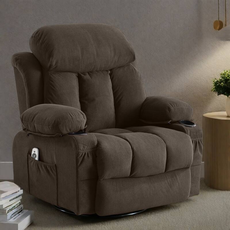 Velvet Swivel Recliner Lounge Chair with Massage and Heat, 360° Rotation, USB Charging Port, Dual Cup Holders - Brown