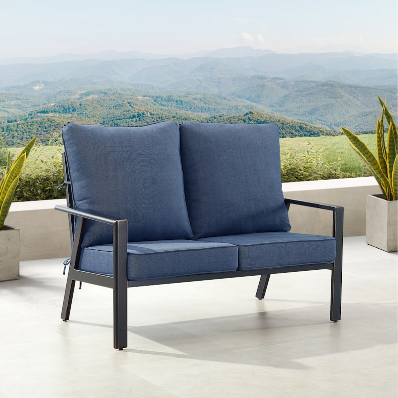 Black Aluminum Deep Seating Deep Seating Loveseat with Cushions - Blue