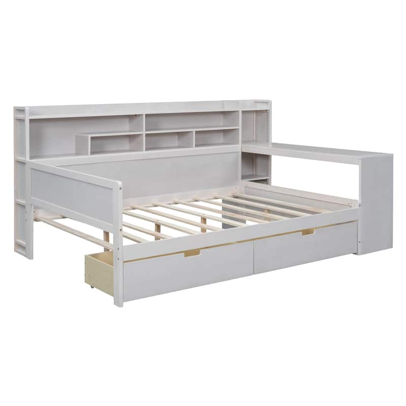 Wooden Full Size Daybed with Storage Shelves
