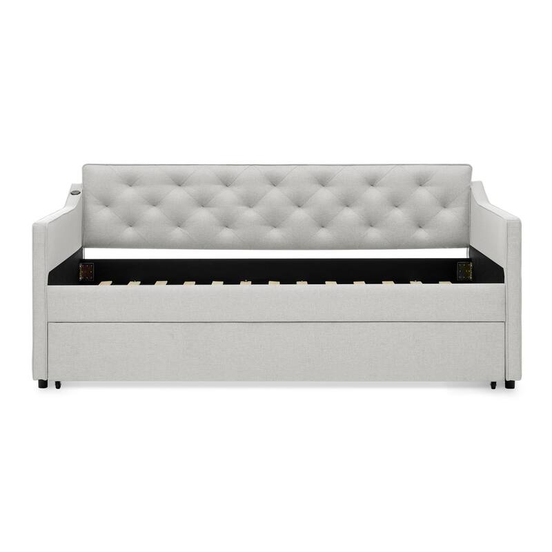 Twin Upholstered Daybed with Pop-Up Trundle & USB Charging Ports