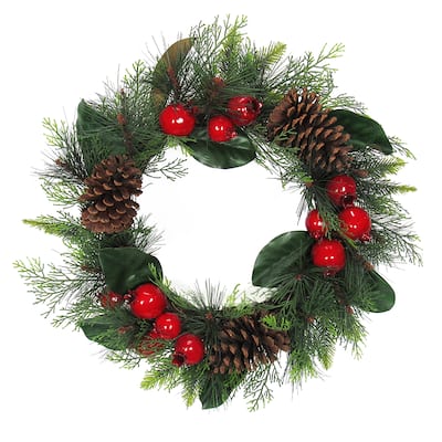Artificial Mixed Pomegranate Pine Cone Magnolia Leaf & Pine Christmas Wreath 22in - 22" L x 22" W x 4" DP