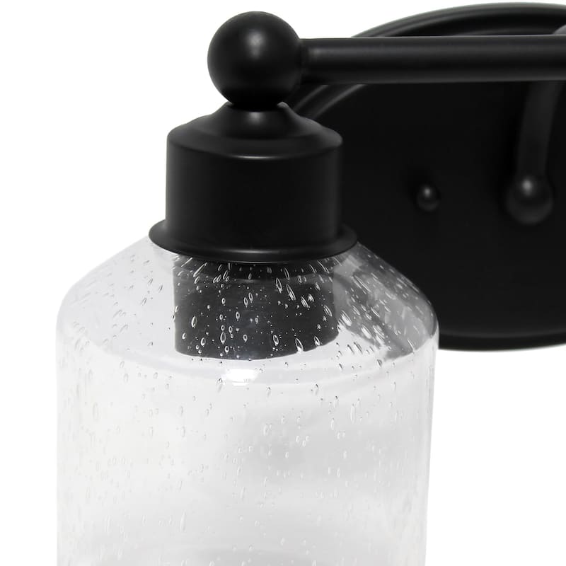 Two Light Vanity Wall Sconce - Metal & Glass Shade Uplight Downlight - Bathroom, Hallway, Entryway Decor - Black Finish - 6.5