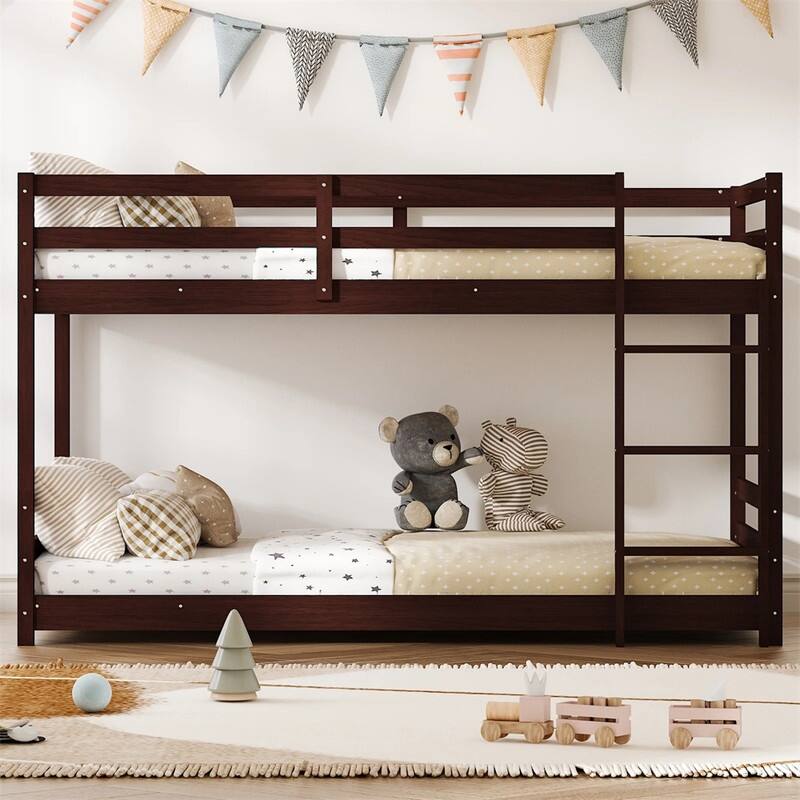 Kids Low Floor Bunk Bed Twin Over Twin With Guard Rails And Stairs