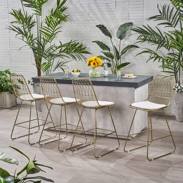 slide 2 of 17, Niez Outdoor Wire Counter Stools (Set of 4) by Christopher Knight Home - N/A Light Brass Finish + Ivory Cushion