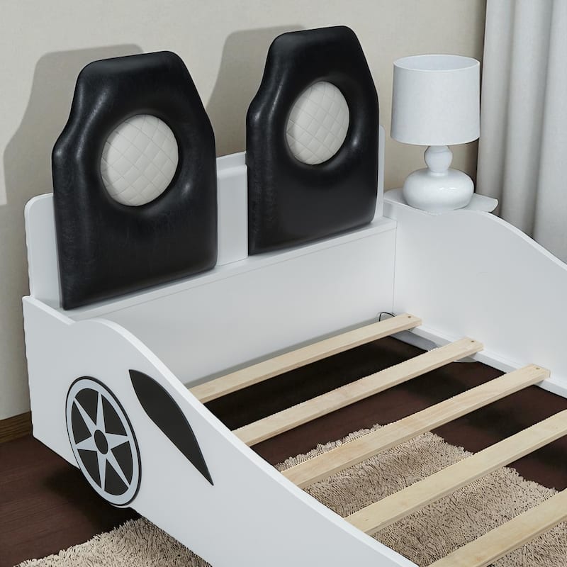 Twin Size Wood Race Car Platform Bed with LED Lights, Upholstered Backrest & Safety Rails