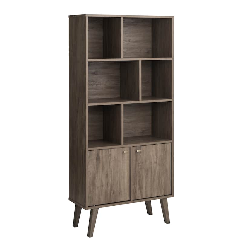 Prepac Milo Mid-Century Modern Bookcase with Six Shelves and Two Doors - 29 in. W x 62.25 in. H x 12 in. D